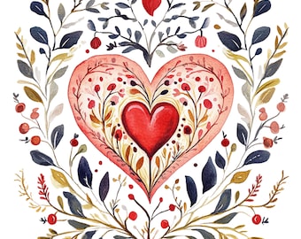13 Valentine Heart Folk Art Clipart Watercolor Valentines Day Clip Art Scandinavian Valentine Hearts PNGs Digital Download Commercial Use