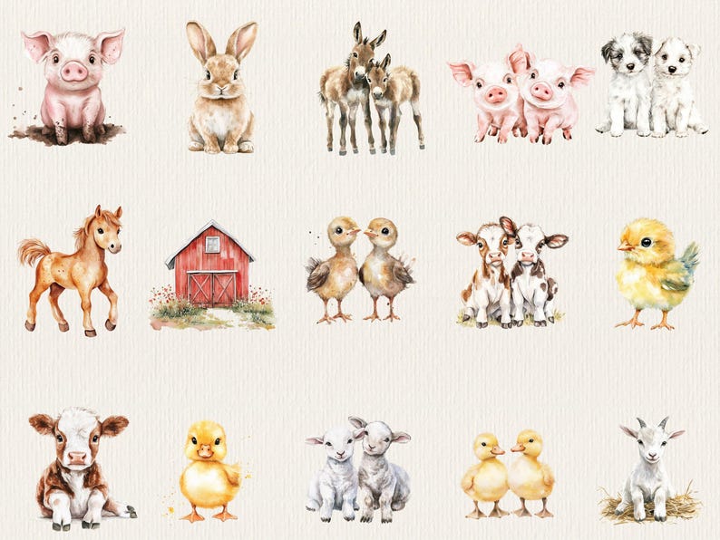 Little Farm Watercolor Clipart Animals Baby Shower Farm Watercolor Clip ...