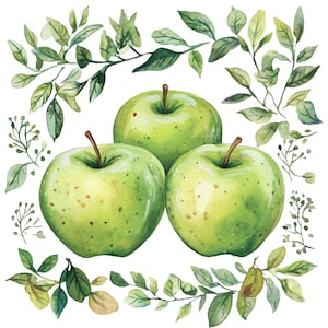 10 Aquarell Grüner Apfel Clipart Grüne Äpfel Skandinavische Volkskunst Clip Art Obst hochwertige PNGs Digital Download Junk Journal