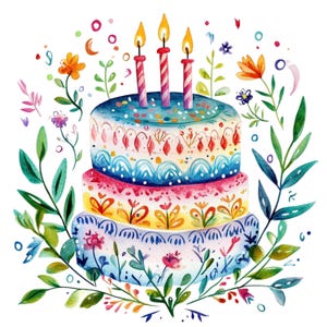 10 gustose torte di compleanno clipart acquerello torte di compleanno arte popolare scandinava clip art torta alta qualità PNG download digitale Junk Journal