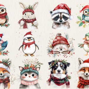 K&ouml;nnte beinhalten: Eine digitale Illustration von 10 verschiedenen Tieren, die festliche Winterm&uuml;tzen und Schals tragen. Zu den Tieren geh&ouml;ren ein Fuchs, eine Katze, ein Hund, ein Pinguin, eine Ente, ein Igel, ein Waschb&auml;r, ein Kaninchen und zwei Eulen. Alle Tiere tragen rote und wei&szlig;e M&uuml;tzen und Schals mit gr&uuml;nem Stechpalmenlaub und Beeren.