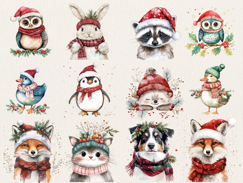 K&ouml;nnte beinhalten: Eine digitale Illustration von 10 verschiedenen Tieren, die festliche Winterm&uuml;tzen und Schals tragen. Zu den Tieren geh&ouml;ren ein Fuchs, eine Katze, ein Hund, ein Pinguin, eine Ente, ein Igel, ein Waschb&auml;r, ein Kaninchen und zwei Eulen. Alle Tiere tragen rote und wei&szlig;e M&uuml;tzen und Schals mit gr&uuml;nem Stechpalmenlaub und Beeren.