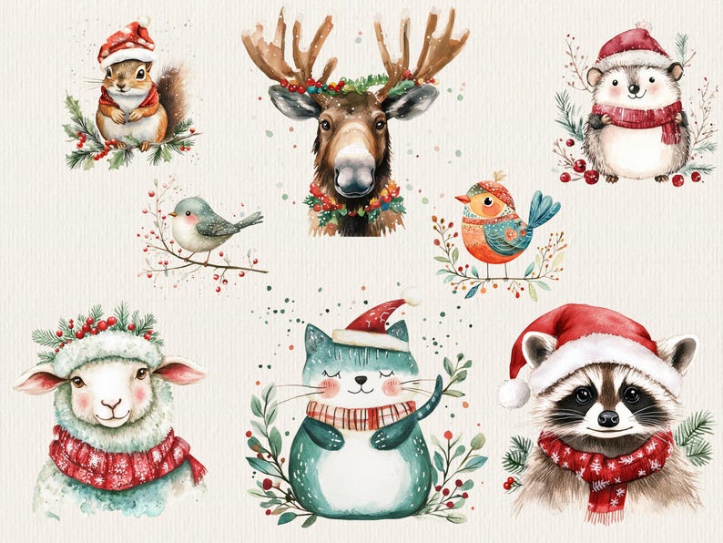 K&ouml;nnte beinhalten: Eine digitale Illustration einer Sammlung s&uuml;&szlig;er Tiere, die Winterm&uuml;tzen und Schals tragen. Zu den Tieren geh&ouml;ren ein Eichh&ouml;rnchen, ein Rentier, ein Igel, ein Vogel, eine Katze, ein Schaf und ein Waschb&auml;r.