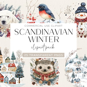 Scandinavische winter clipart volkskunst illustraties wintervakantie illustraties Noordse winter hut winter dieren grillige winter illustraties