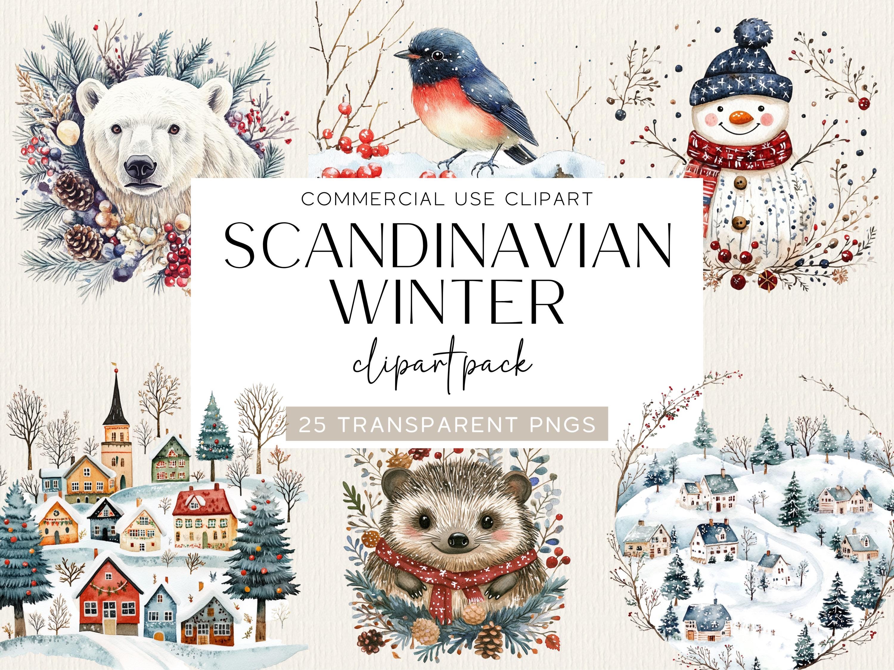 Scandinavian Winter Clipart Folk Art Illustrations Winter Holiday Clip Art Nordic Winter Cabin Winter Animals Whimsical Winter Clip Art