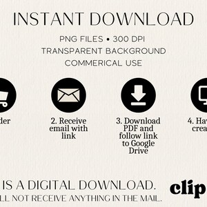 K&ouml;nnte beinhalten: Eine Grafik mit dem Text "INSTANT DOWNLOAD" in schwarzer Schrift auf beigefarbenem Hintergrund. Die Grafik enth&auml;lt au&szlig;erdem vier Symbole, die die Schritte zum Herunterladen eines digitalen Produkts darstellen: 1. Bestellen, 2. E-Mail mit Link erhalten, 3. PDF herunterladen und Link zu Google Drive folgen, 4. Viel Spa&szlig; beim Erstellen! Die Grafik enth&auml;lt au&szlig;erdem den Text "THIS IS A DIGITAL DOWNLOAD. YOU WILL NOT RECEIVE ANYTHING IN THE MAIL." und den Text "clip it" in einem schwarz-wei&szlig;en Logo.