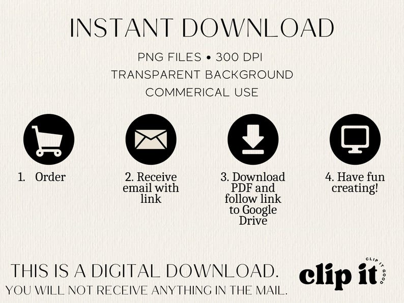 K&ouml;nnte beinhalten: Eine Grafik mit dem Text "INSTANT DOWNLOAD" in schwarzer Schrift auf beigefarbenem Hintergrund. Die Grafik enth&auml;lt au&szlig;erdem vier Symbole, die die Schritte zum Herunterladen eines digitalen Produkts darstellen: 1. Bestellen, 2. E-Mail mit Link erhalten, 3. PDF herunterladen und Link zu Google Drive folgen, 4. Viel Spa&szlig; beim Erstellen! Die Grafik enth&auml;lt au&szlig;erdem den Text "THIS IS A DIGITAL DOWNLOAD. YOU WILL NOT RECEIVE ANYTHING IN THE MAIL." und den Text "clip it" in einem schwarz-wei&szlig;en Logo.