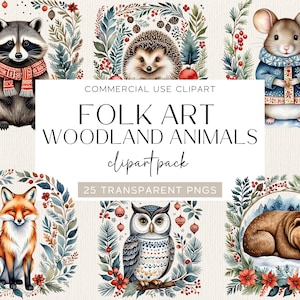 Clipart di animali dei boschi scandinavi Animali d'arte popolare Animali invernali Clip Art Animali dei boschi nordici Animali dei boschi ad acquerello