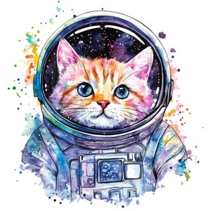 10 Cat Clipart Watercolor Cats in Space Clip Art Cute Space Cats Graphics High Quality PNGs Digital Download Commercial Use Junk Journal