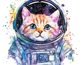 May include: A watercolour painting of a cat wearing an astronaut suit. The cat's eyes are blue, and the suit is decorated with a galaxy pattern. The background is a watercolour wash of rainbow colours.