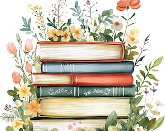 12 Spring Stack of Books Clipart Floral Book Clip Art Spring Books High Quality PNGs Book Stack Digital Download Junk Journal Commercial Use