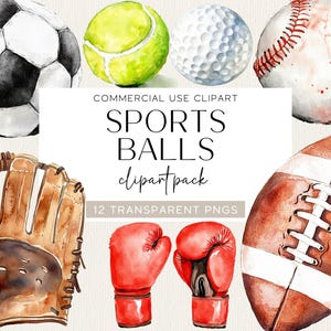 Clipart de deportes en acuarela Pelotas de deportes en acuarela Descargar lindos guantes de béisbol, fútbol, fútbol americano, golf, voleibol y boxeo Descarga digital