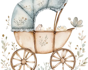 12 Baby Pram Clipart Watercolor Baby Shower Clipart Vintage Baby Carriage High Quality PNGs Digital Download Commercial Use Junk Journal