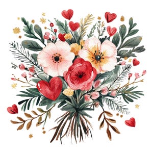 Aquarelle de fleurs pour la Saint-Valentin, art folklorique clipart, clipart fleur scandinave de la Saint-Valentin PNG en téléchargement numérique, utilisation commerciale