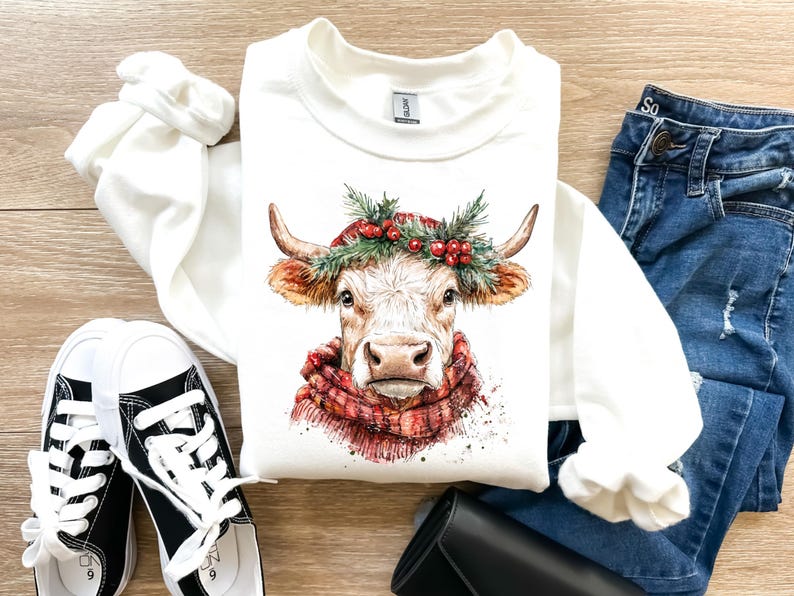 K&ouml;nnte beinhalten: Wei&szlig;er Pullover mit einer Aquarell-Illustration einer Kuh, die einen roten und gr&uuml;nen Kranz mit Beeren tr&auml;gt. Die Kuh hat einen rot-wei&szlig;en Schal um den Hals.