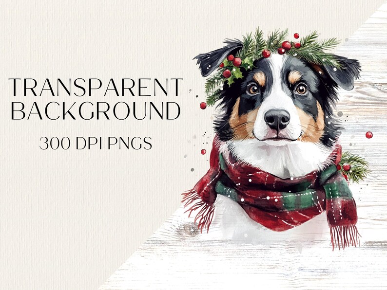 K&ouml;nnte beinhalten: Ein Aquarellbild eines schwarz-braunen Hundes, der einen rot-gr&uuml;nen karierten Schal mit einem Kranz aus Stechpalme und Beeren um den Kopf tr&auml;gt. Der Hund schaut direkt auf den Betrachter.