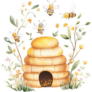 14 Spring Beehive Clipart Watercolor Spring Bees Clip Art Insect High Quality PNGs Watercolor Bee Images Digital Download Commercial Use