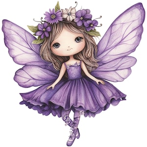 12 Clipart di fate, fate primaverili viola, clipart di fate acquerellate, PNG di alta qualità, fatine carine, download digitale, diario spazzatura, uso commerciale