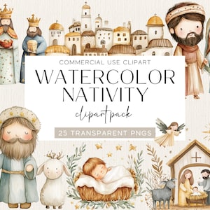 Cute Watercolor Nativity Scene Clipart Bundle Jesus Birth Holiday Clip Art Instant Download Digital Download Three Kings Mary Virgin