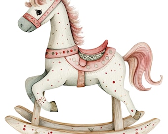 12 Baby Rocking Horse Clipart Watercolor Baby Shower Clipart Vintage Baby High Quality PNGs Digital Download Commercial Use Junk Journal