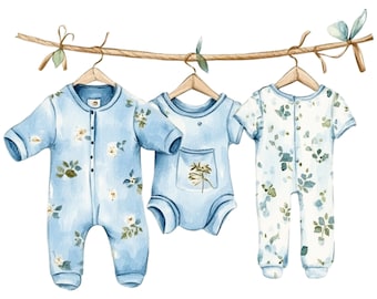 12 tendedero de ropa para bebés Clipart de acuarela para baby shower Clipart vintage para bebés PNG de alta calidad Descarga digital Uso comercial Revista basura