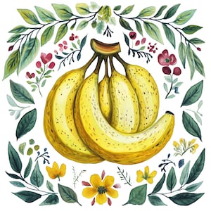9 imágenes prediseñadas de plátanos en acuarela, imágenes prediseñadas de arte popular escandinavo, frutas, PNG de alta calidad, descarga digital, Junk Journal
