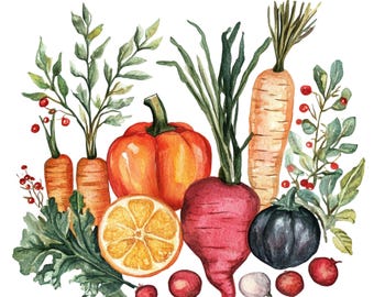 13 Watercolor Vegetable Clipart Vegetables Scandinavian Folk Art Clip Art High Quality PNGs Digital Download Commercial Use Junk Journal