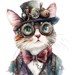 13 Steampunk Cat Clipart Watercolor Steampunk Cats Clip Art Victorian Animals High Quality PNGs Digital Download Commercial Use Junk Journal