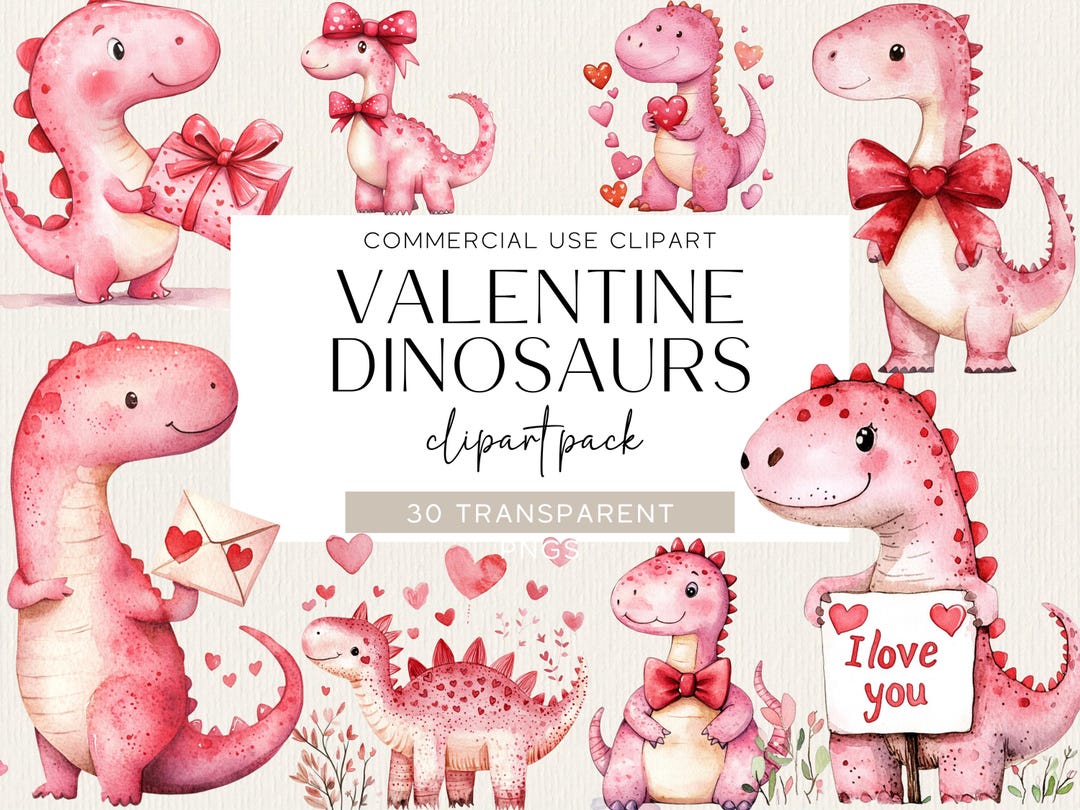 Cute Dino Watercolor Clipart Kids Valentines Clipart Valentine ...