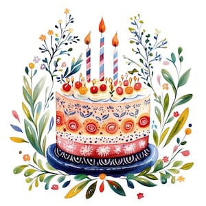 13 Clipart de gâteau d'anniversaire aquarelle gâteaux d'anniversaire Art folklorique scandinave Clip Art Cake PNGs de haute qualité en téléchargement numérique Junk Journal fantaisie