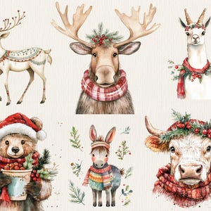 K&ouml;nnte beinhalten: Aquarell-Illustration von sechs verschiedenen Tieren, die Winteraccessoires tragen. Ein Reh, ein Elch, ein Lama, ein B&auml;r, ein Esel und eine Kuh tragen alle Schals und Kr&auml;nze. Die Tiere sind alle vor einem cremefarbenen Hintergrund platziert.
