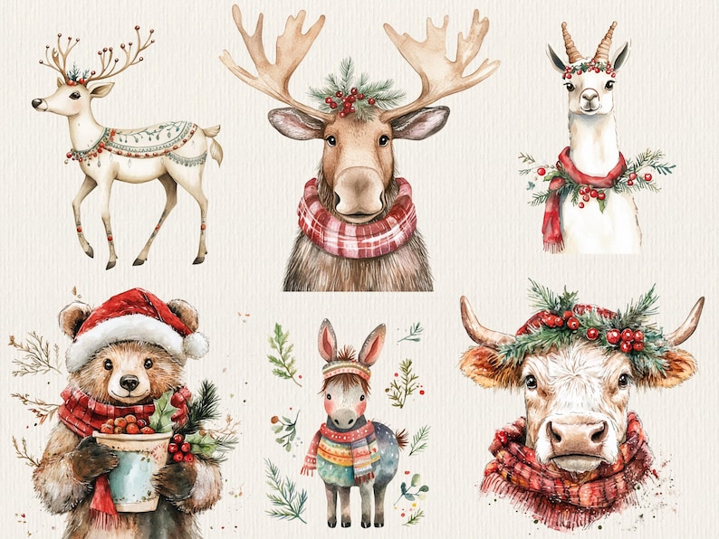 K&ouml;nnte beinhalten: Aquarell-Illustration von sechs verschiedenen Tieren, die Winteraccessoires tragen. Ein Reh, ein Elch, ein Lama, ein B&auml;r, ein Esel und eine Kuh tragen alle Schals und Kr&auml;nze. Die Tiere sind alle vor einem cremefarbenen Hintergrund platziert.
