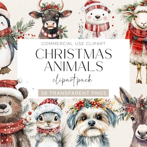 whimsical christmas animals watercolor clipart pack