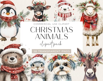 Imágenes prediseñadas de animales navideños caprichosos Imágenes prediseñadas de Navidad lindas Imágenes de animales lindos Paquete de imágenes prediseñadas de Navidad Animales de acuarela Imágenes prediseñadas de vacaciones