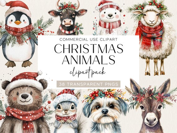 Whimsical Christmas Animals Clipart Cute Christmas Clip Art Cute Animals Images Christmas Clipart Bundle Watercolor Animals Holiday Clipart