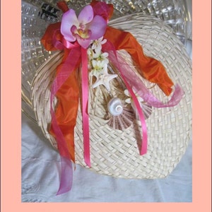 Beach Wedding - Hawaiian Straw Wedding Fan with Seashells and Orchids for Bridesmaids & Guests