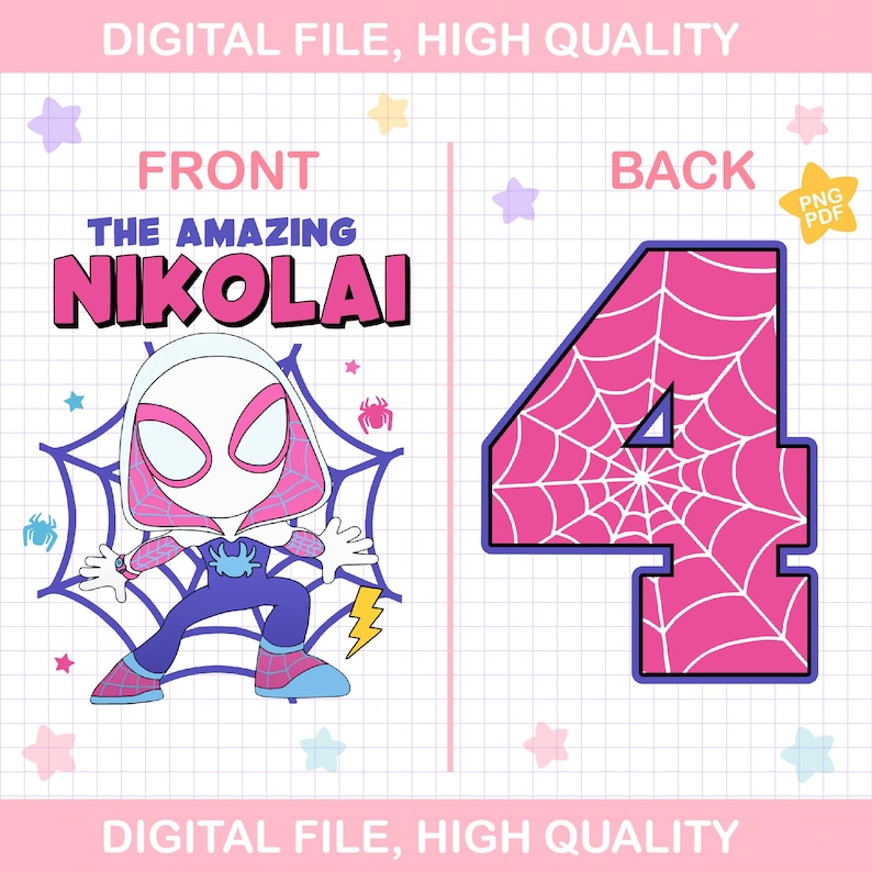 Puede incluir: Archivo digital con tem&aacute;tica de superh&eacute;roe. La parte delantera muestra "THE AMAZING NIKOLAI" en rosa y blanco, con una ilustraci&oacute;n de personaje y una telara&ntilde;a. La parte trasera muestra un n&uacute;mero 4 rosa con un dise&ntilde;o de telara&ntilde;a. Incluye un archivo PNG y PDF.