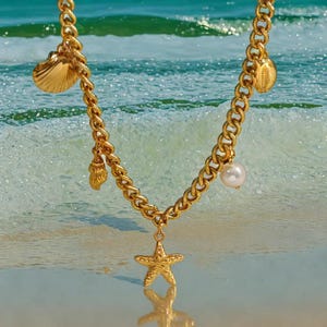 18K Gold Plated Aquatic Neckace With Starfish Shells Pendants | Coastal Necklace | Sea Beach Charms | Aquatic |