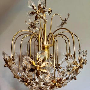 1970s Crystal Flower and Gilt Brass Chandelier by Palwa
