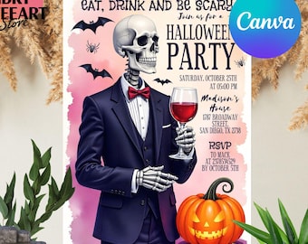Invitación digital para fiesta de Halloween Plantilla de invitación imprimible para Halloween Invitación para fiesta de fantasmas Esqueleto Calabaza ¡Vamos a asustarnos!