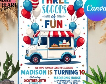 Editable Ice Cream Truck Birthday Invitation, Ice Cream Birthday Invite, Ice Cream Here's the Scoop Boys Birthday Printable Canva template