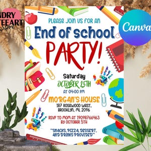 End of School Party Schools Out Party Invitation, End of School Invitation, End of School Birthday, Summer Invite, Editable Canva Template
