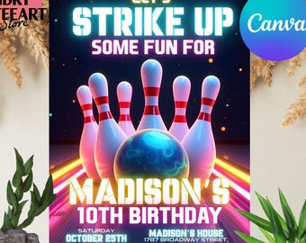 Bowling Birthday Invitation, Let's Strike Up Some Fun, Girls Bowling Birthday Party Invitation, Pink Bowling Party, Editable Canva Template