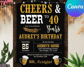 編集可能な乾杯＆ビールの誕生日パーティー招待状、30歳・40歳・50歳のサプライズビールパーティー招待状、男性向けパーティー招待状、デジタルダウンロード