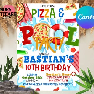 Pizza Pool Party Invitation, Boy Pool Party, Pizza and Pool Party Invite, Swimming Party, Editable Pool Party with Canva, Instant Download
