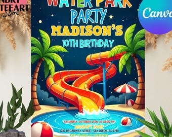 Water Park Birthday Invitation,Water Park Party Invitation,Summer Pool Party,Waterslide Birthday Party,Instant Download,Editable,Canva