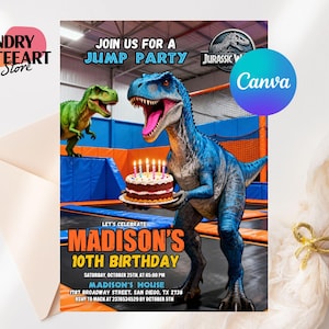 May include: A birthday party invitation featuring a blue dinosaur holding a cake with lit candles. The invitation reads "Join us for a Jump Party" and "Madison's 10th Birthday". The design includes a green dinosaur and the Jurassic World logo.