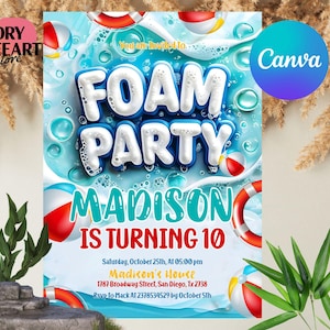 Bearbeitbare Schaum-Geburtstagsfeier-Einladung, tropischer Pool-Schaumstoff, Girly Pool-Party einladen, Sommer-Platsch-Pad-Party, digitaler Download