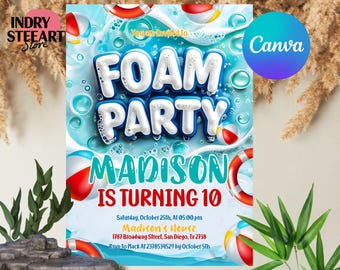 Editable Foam Birthday Party Invitation, Tropical Pool Foam Girly Pool Party Invite, Summer Splash Pad Party, Digital Download