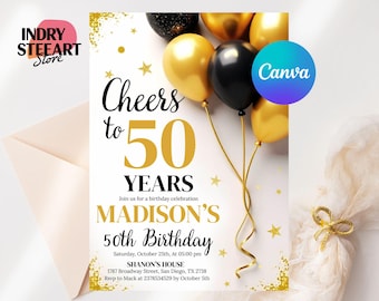 50th Birthday Invitation, 50th Invite, Gold Black Birthday Invite, Any Age Adult Birthday Invite, Printable Digital Editable Canva Template